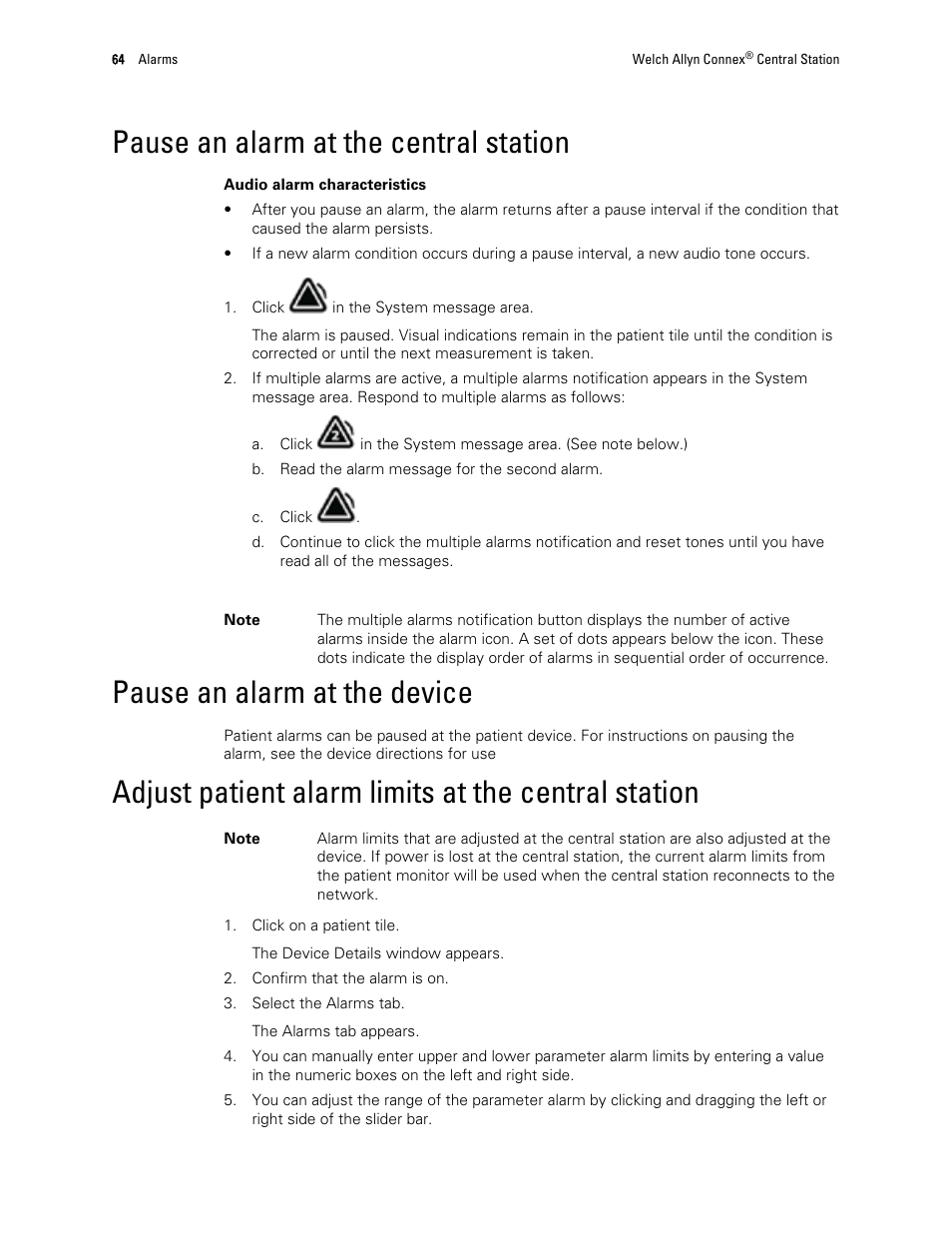 Pause an alarm at the central station, Pause an alarm at the device, Adjust patient alarm limits at the central station | Welch Allyn Connex Central Station - User Manual User Manual | Page 70 / 98