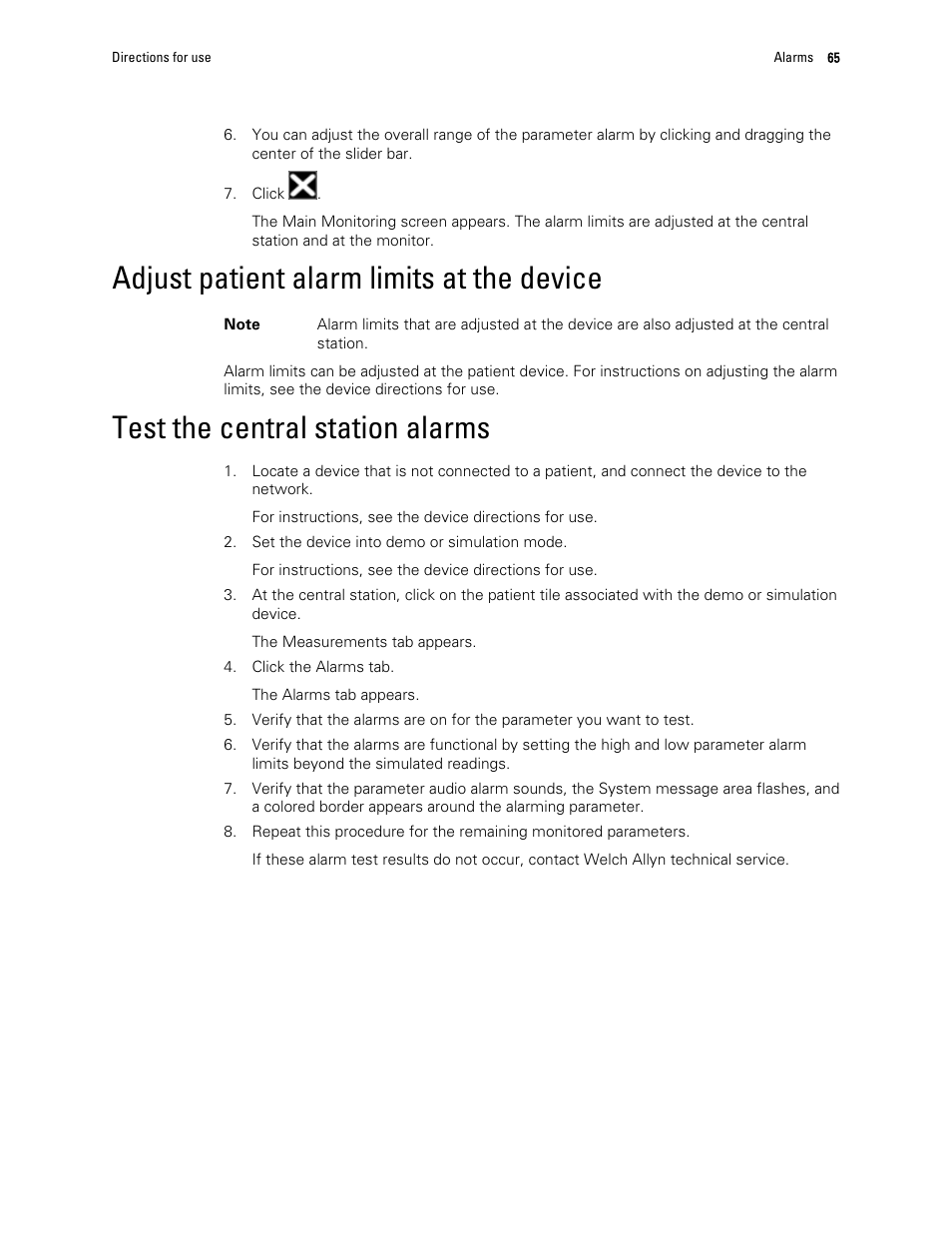 Adjust patient alarm limits at the device, Test the central station alarms | Welch Allyn Connex Central Station - User Manual User Manual | Page 71 / 98