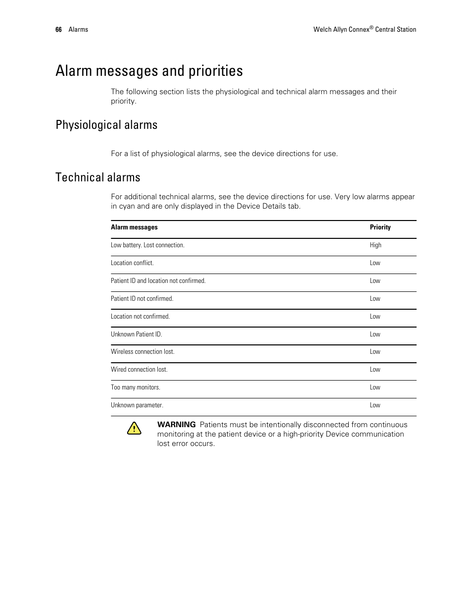 Alarm messages and priorities, Physiological alarms, Technical alarms | Welch Allyn Connex Central Station - User Manual User Manual | Page 72 / 98
