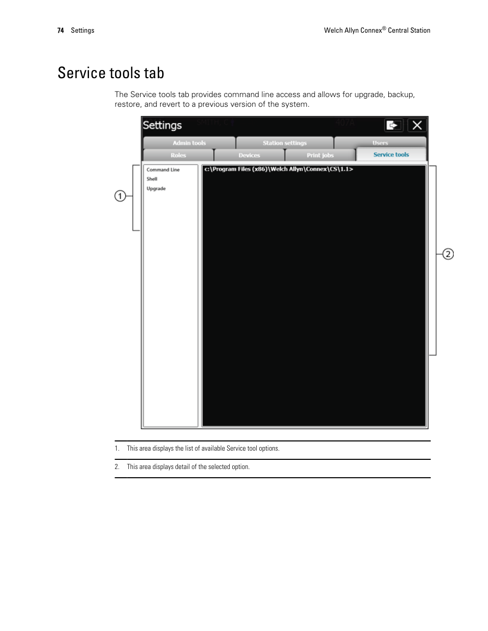 Service tools tab | Welch Allyn Connex Central Station - User Manual User Manual | Page 80 / 98