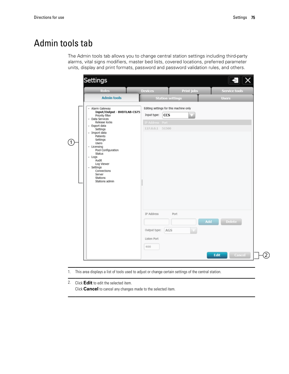 Admin tools tab | Welch Allyn Connex Central Station - User Manual User Manual | Page 81 / 98