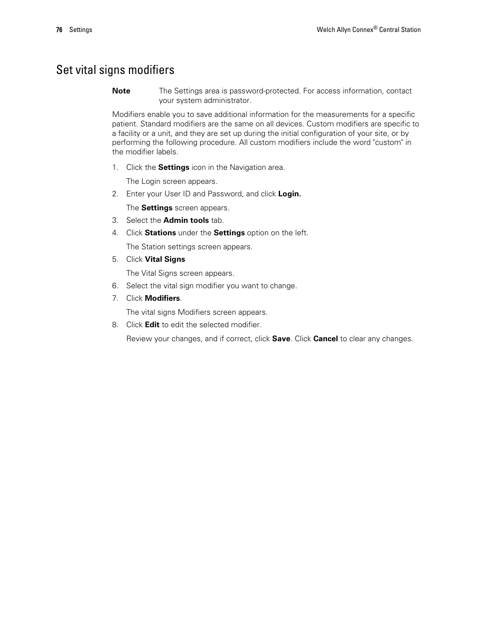 Set vital signs modifiers | Welch Allyn Connex Central Station - User Manual User Manual | Page 82 / 98