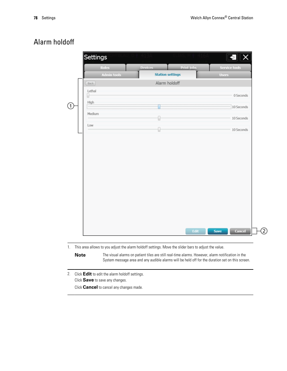 Alarm holdoff | Welch Allyn Connex Central Station - User Manual User Manual | Page 84 / 98