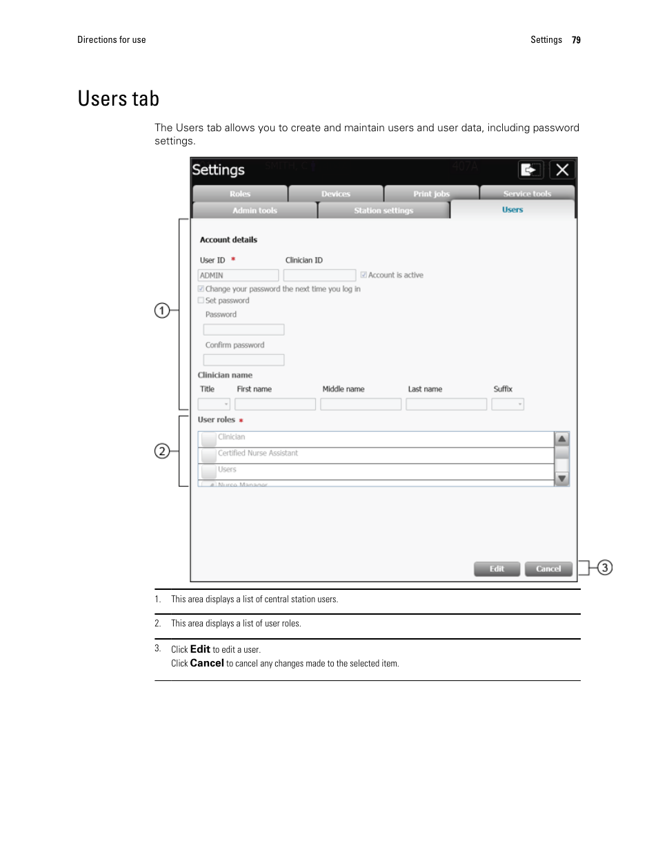 Users tab | Welch Allyn Connex Central Station - User Manual User Manual | Page 85 / 98