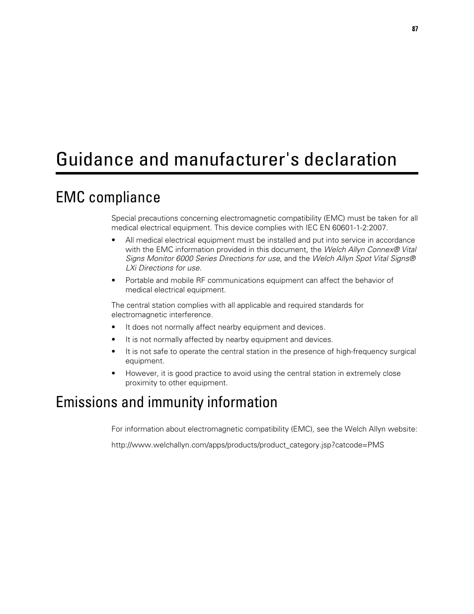Guidance and manufacturer's declaration, Emc compliance, Emissions and immunity information | Welch Allyn Connex Central Station - User Manual User Manual | Page 93 / 98