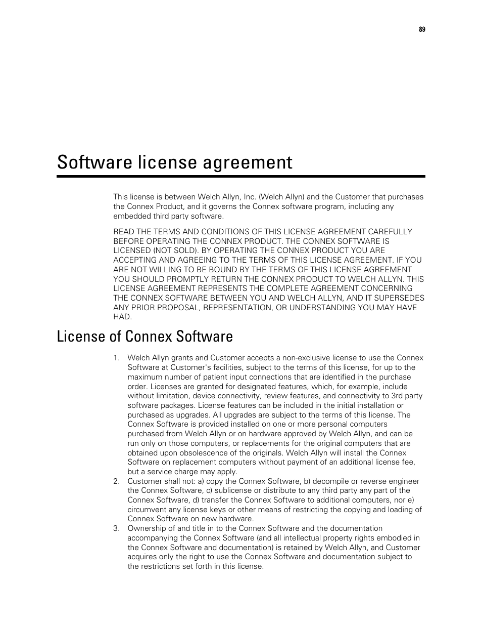 Software license agreement, License of connex software | Welch Allyn Connex Central Station - User Manual User Manual | Page 95 / 98
