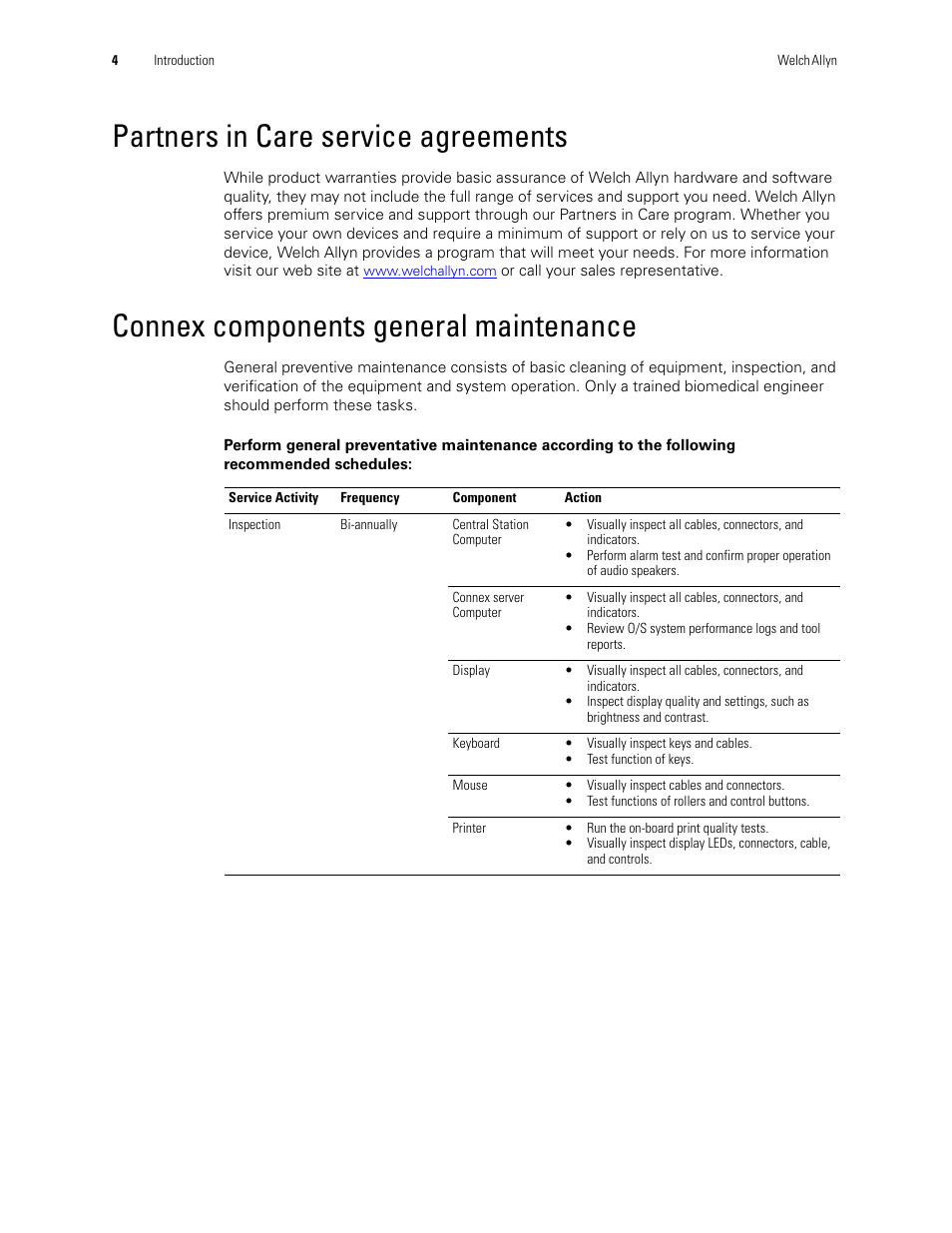 Partners in care service agreements, Connex components general maintenance | Welch Allyn Connex CS Central Station & Server - User Manual User Manual | Page 10 / 170