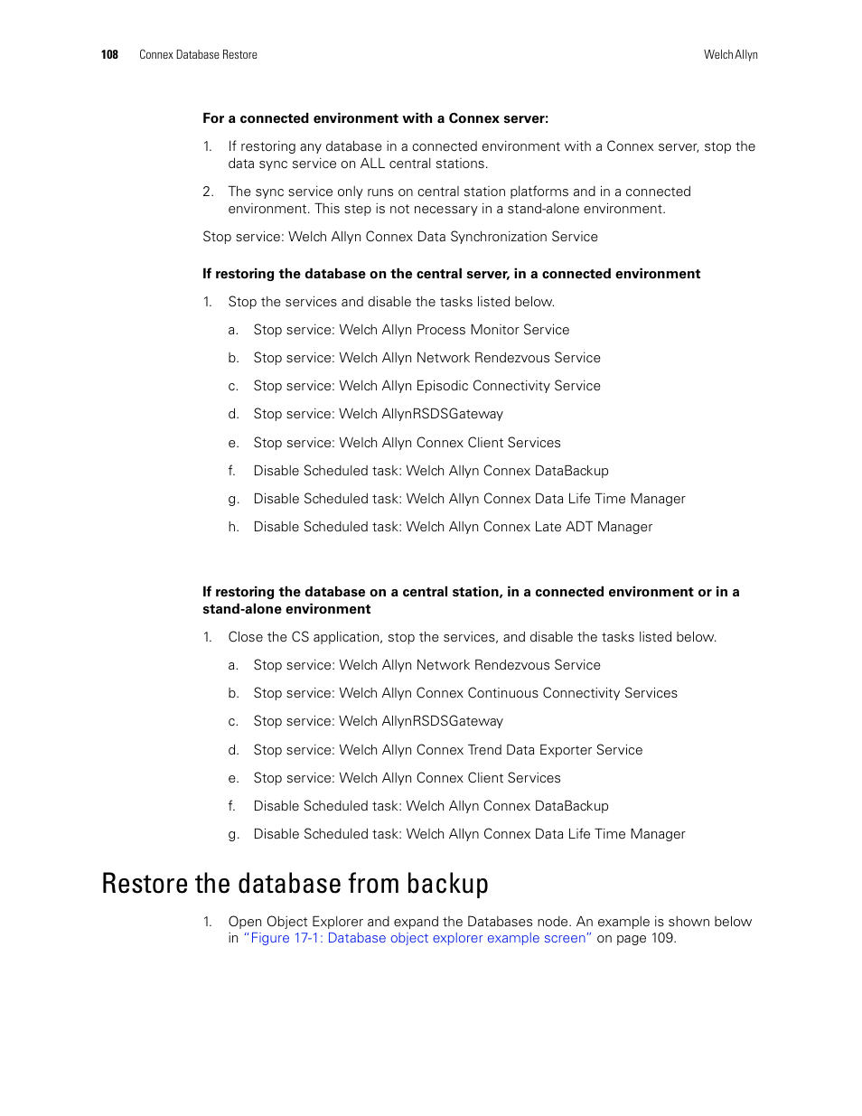 Restore the database from backup | Welch Allyn Connex CS Central Station & Server - User Manual User Manual | Page 114 / 170