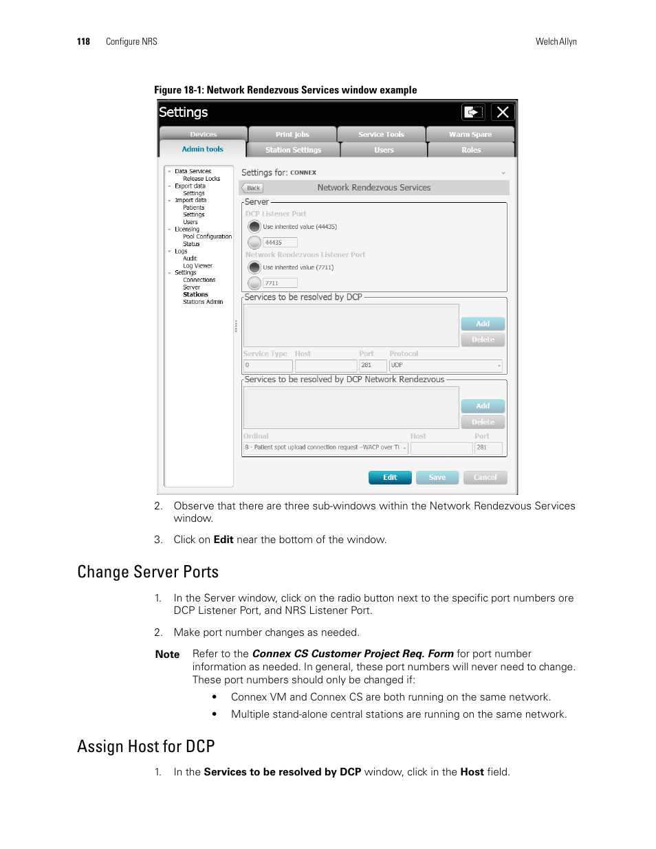 Figure 18-1: network, Rendezvous services window example, Change server ports | Assign host for dcp | Welch Allyn Connex CS Central Station & Server - User Manual User Manual | Page 124 / 170