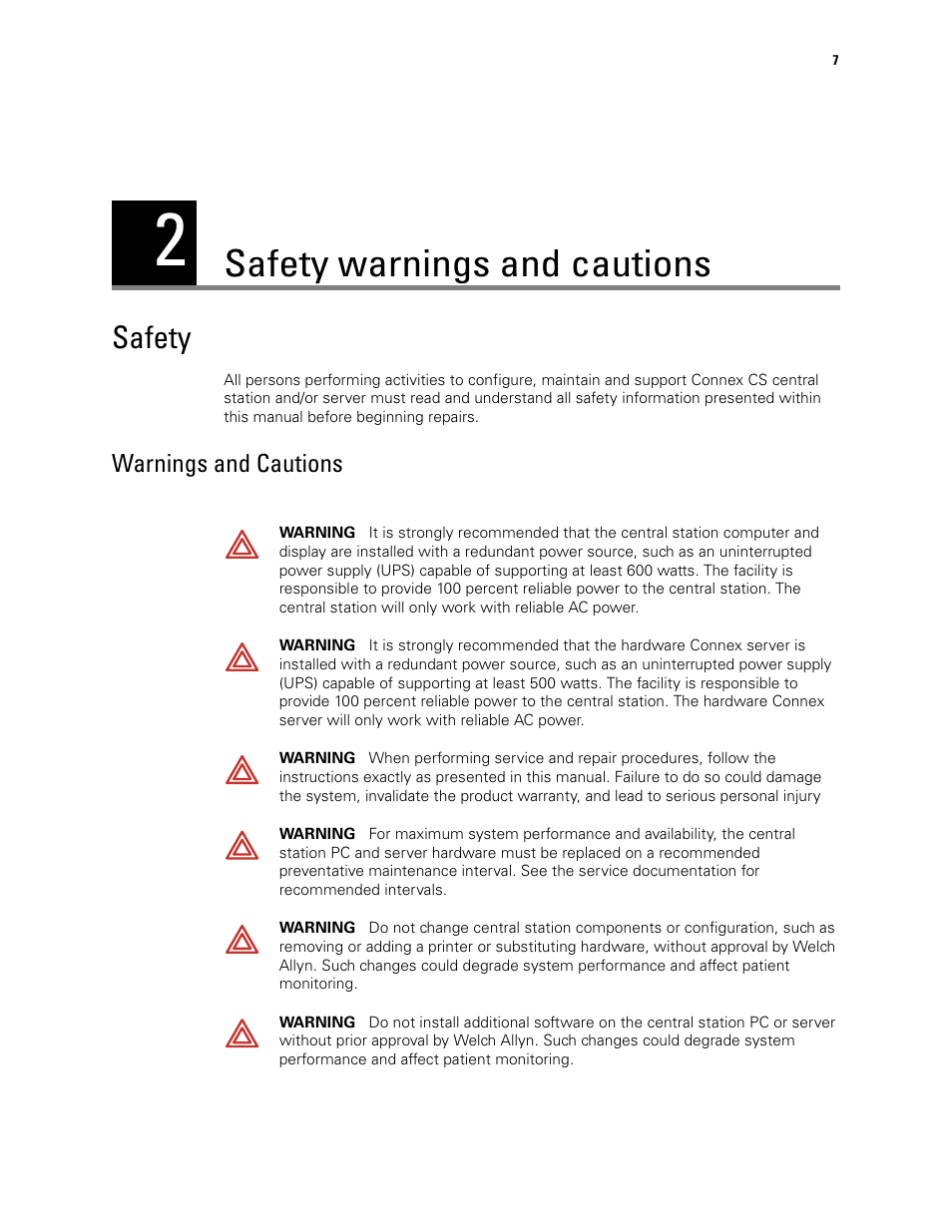 Safety warnings and cautions, Safety | Welch Allyn Connex CS Central Station & Server - User Manual User Manual | Page 13 / 170