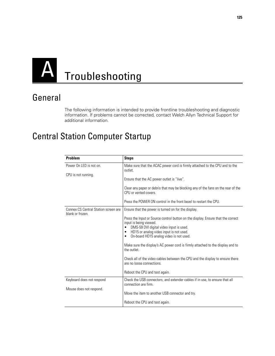 Troubleshooting, General, Central station computer startup | General central station computer startup | Welch Allyn Connex CS Central Station & Server - User Manual User Manual | Page 131 / 170