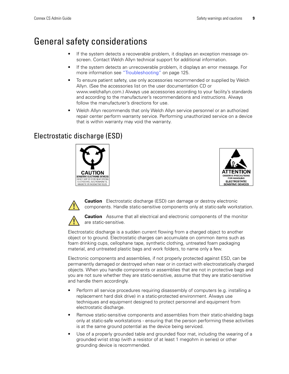 General safety considerations, Electrostatic discharge (esd) | Welch Allyn Connex CS Central Station & Server - User Manual User Manual | Page 15 / 170