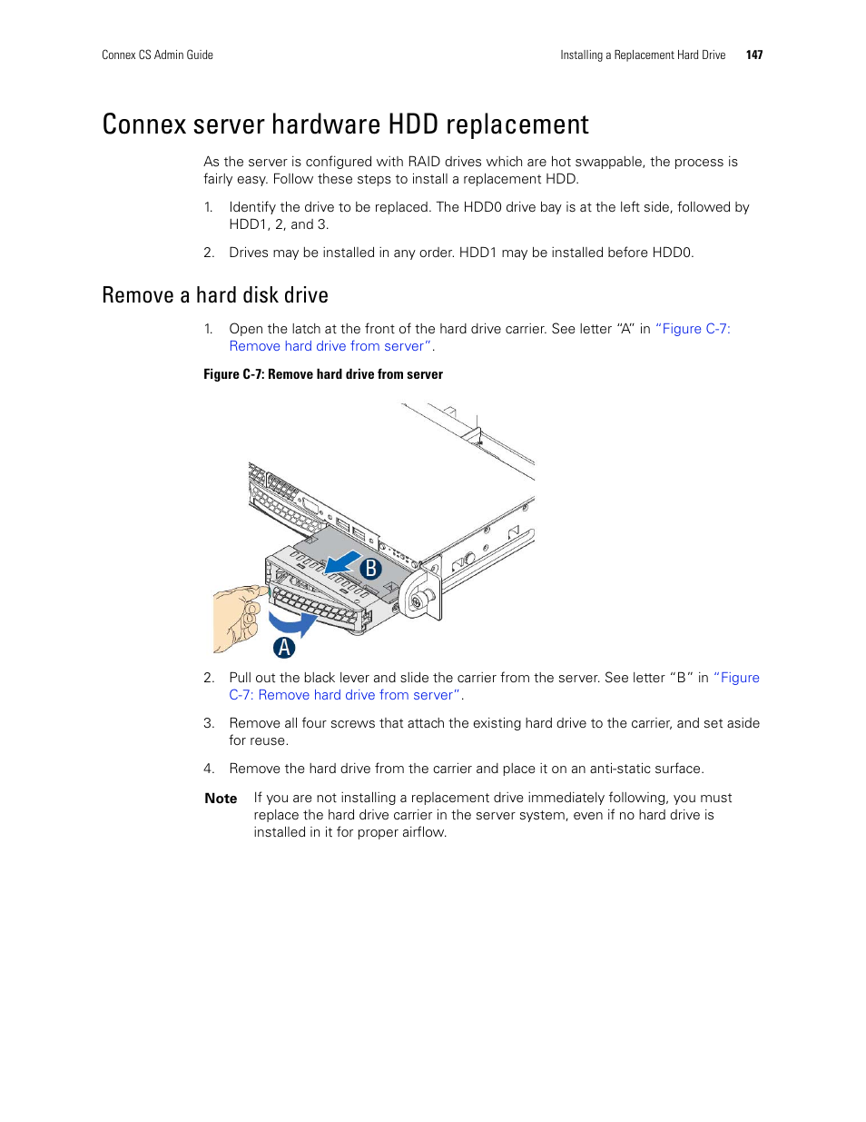 Connex server hardware hdd replacement, Remove a hard disk drive | Welch Allyn Connex CS Central Station & Server - User Manual User Manual | Page 153 / 170