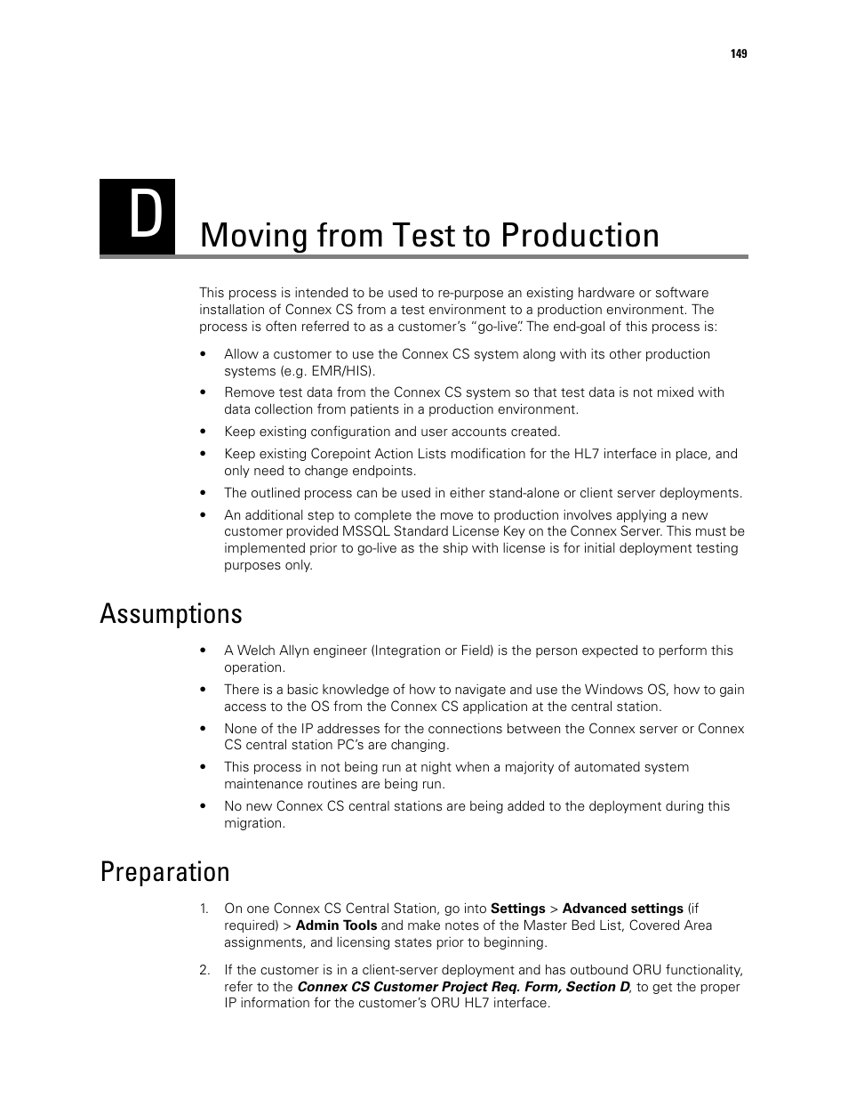 Moving from test to production, Assumptions, Preparation | Assumptions preparation | Welch Allyn Connex CS Central Station & Server - User Manual User Manual | Page 155 / 170