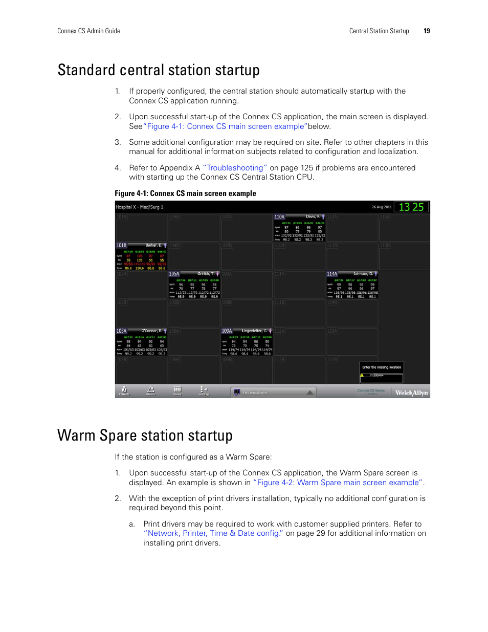 Standard central station startup, Warm spare station startup | Welch Allyn Connex CS Central Station & Server - User Manual User Manual | Page 25 / 170