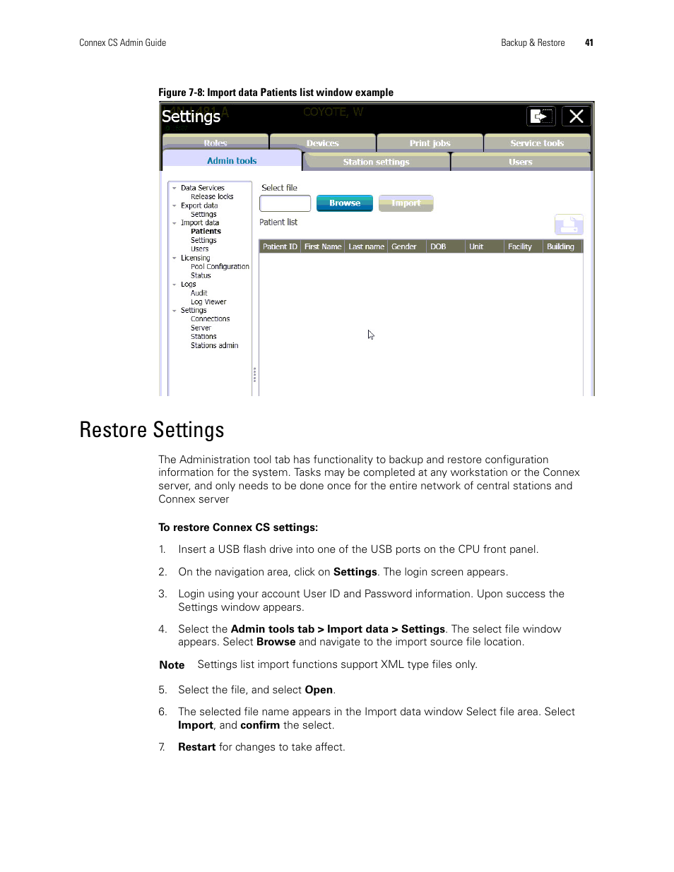 Restore settings | Welch Allyn Connex CS Central Station & Server - User Manual User Manual | Page 47 / 170