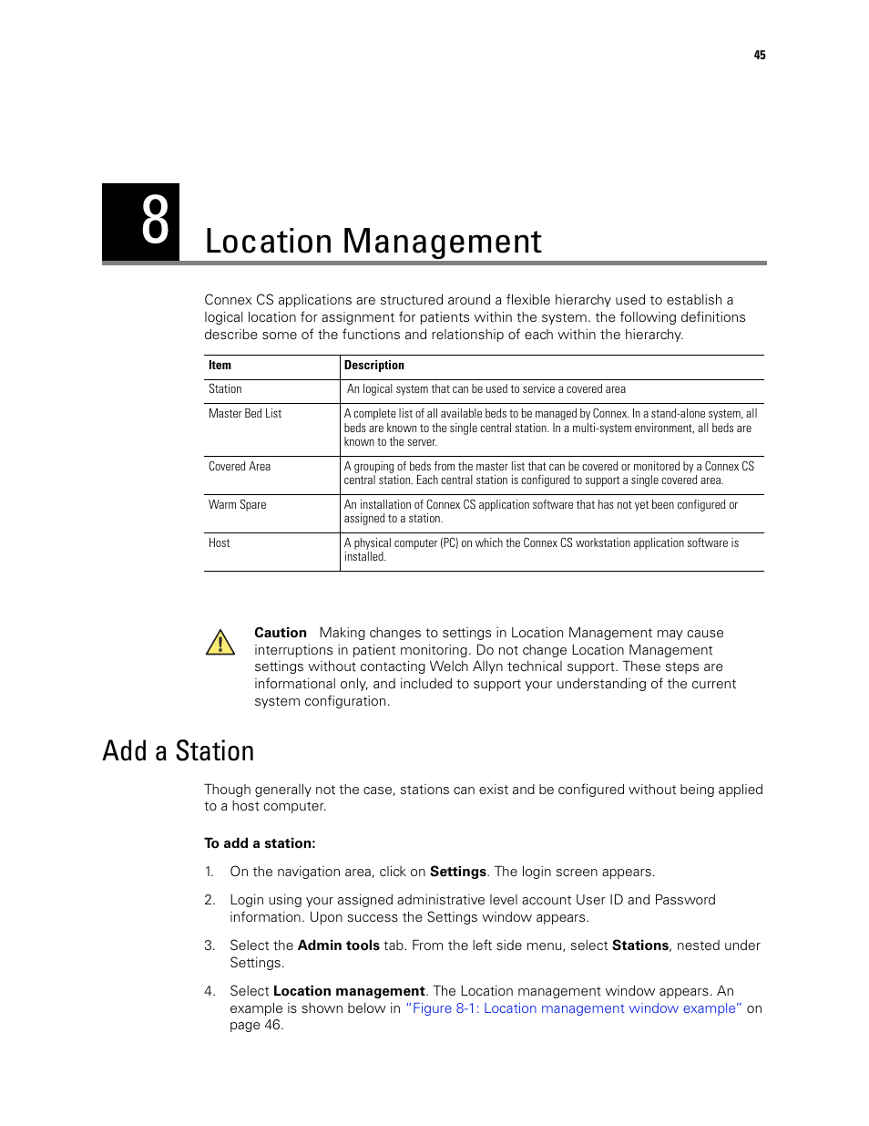 Location management, Add a station | Welch Allyn Connex CS Central Station & Server - User Manual User Manual | Page 51 / 170