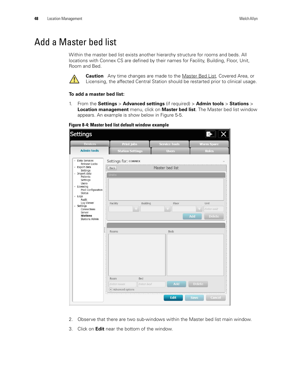 Add a master bed list | Welch Allyn Connex CS Central Station & Server - User Manual User Manual | Page 54 / 170