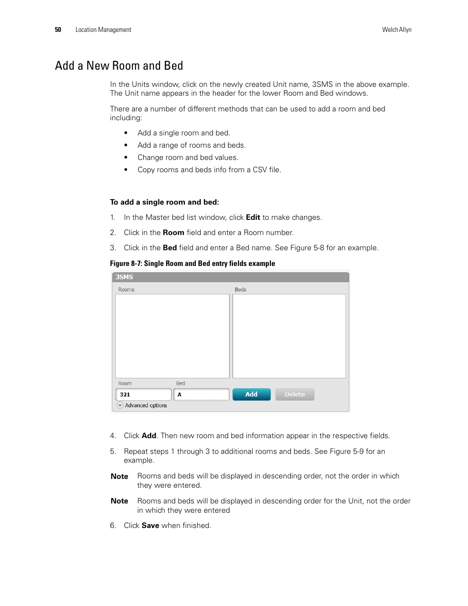 Add a new room and bed | Welch Allyn Connex CS Central Station & Server - User Manual User Manual | Page 56 / 170