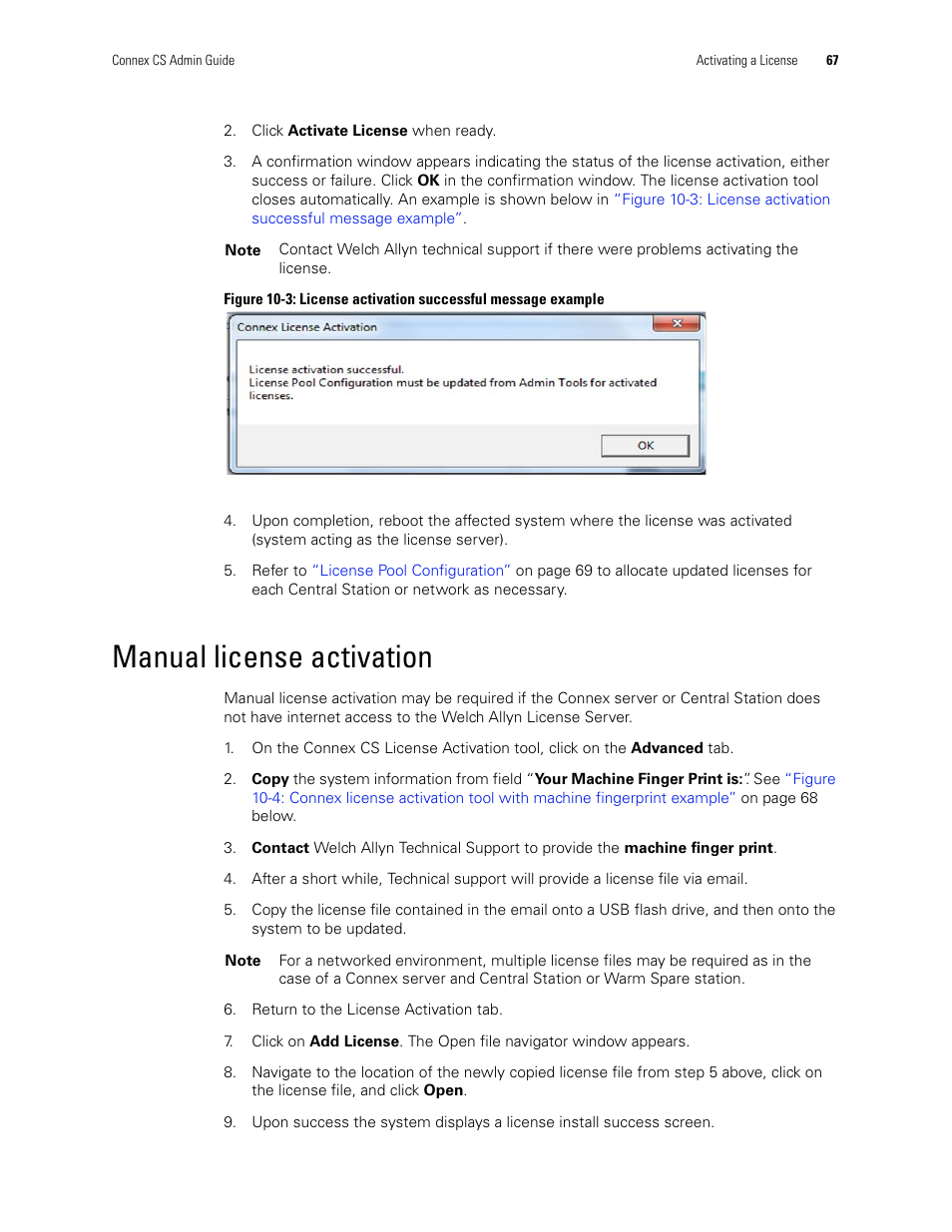 Manual license activation, Manual license, Activation | Welch Allyn Connex CS Central Station & Server - User Manual User Manual | Page 73 / 170