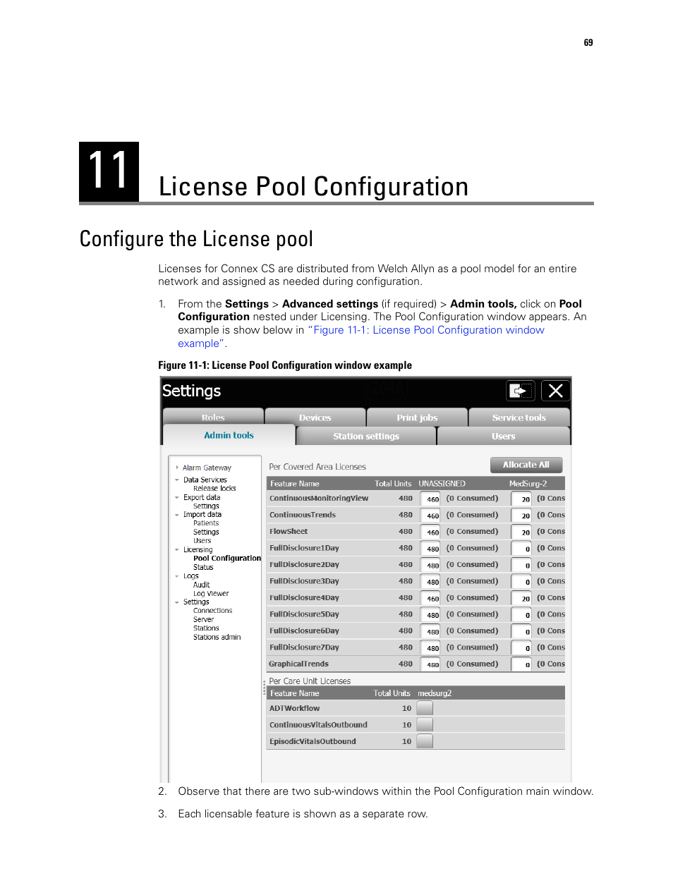 License pool configuration, Configure the license pool | Welch Allyn Connex CS Central Station & Server - User Manual User Manual | Page 75 / 170