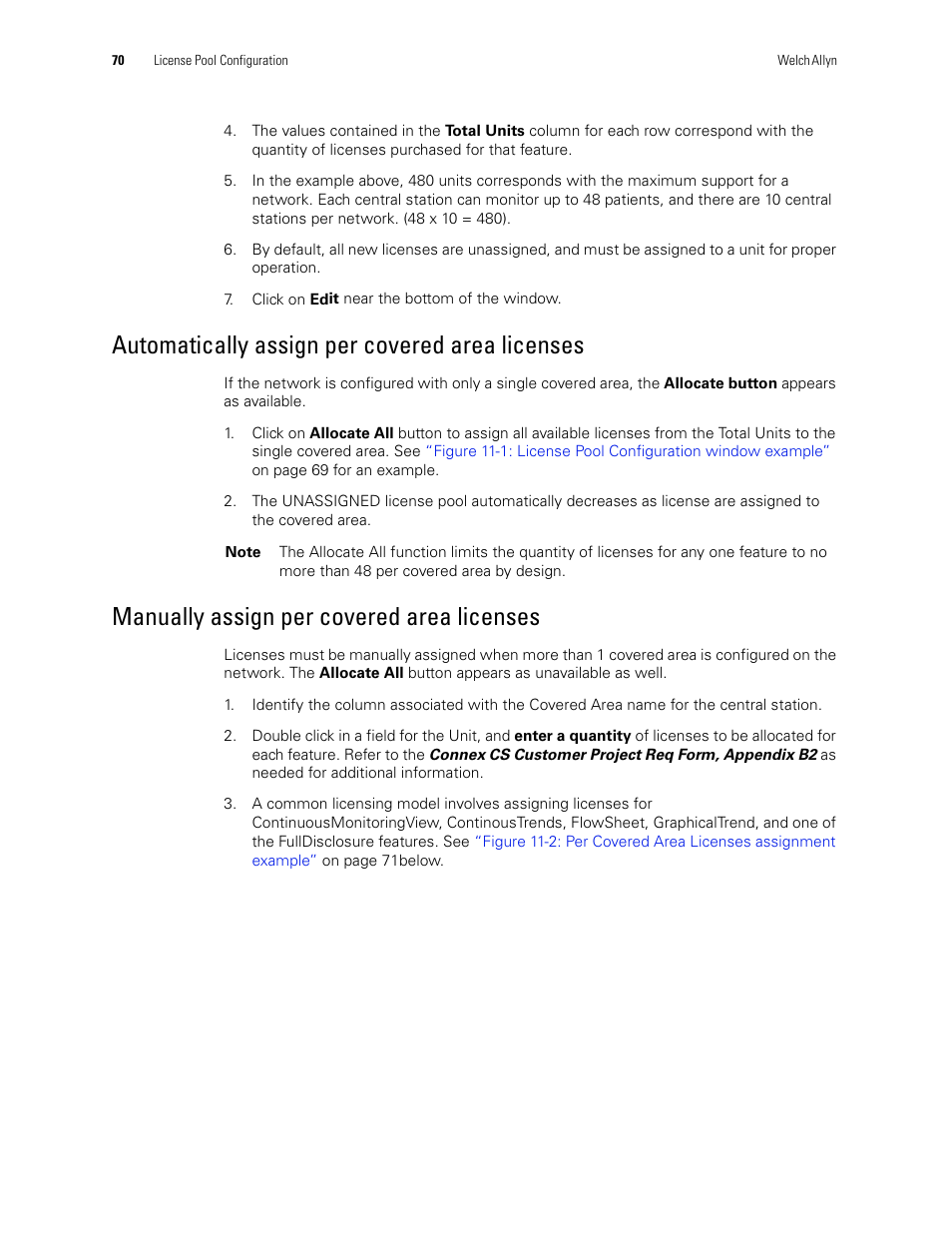 Automatically assign per covered area licenses, Manually assign per covered area licenses | Welch Allyn Connex CS Central Station & Server - User Manual User Manual | Page 76 / 170
