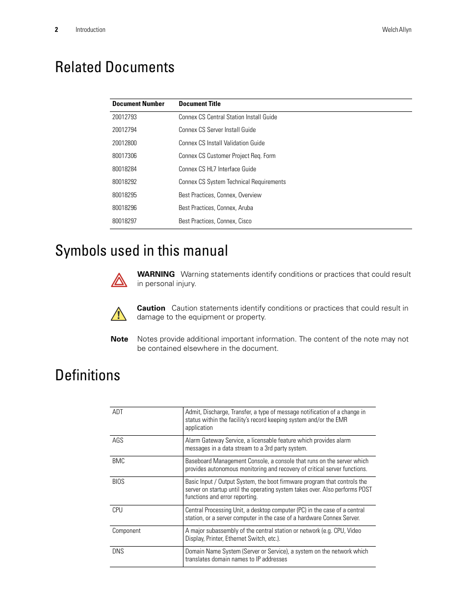 Related documents, Symbols used in this manual, Definitions | Welch Allyn Connex CS Central Station & Server - User Manual User Manual | Page 8 / 170