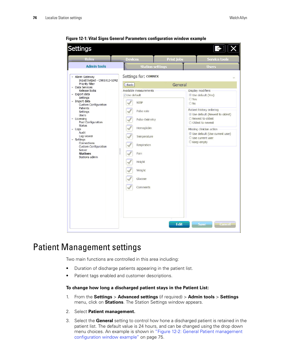 Patient management settings | Welch Allyn Connex CS Central Station & Server - User Manual User Manual | Page 80 / 170