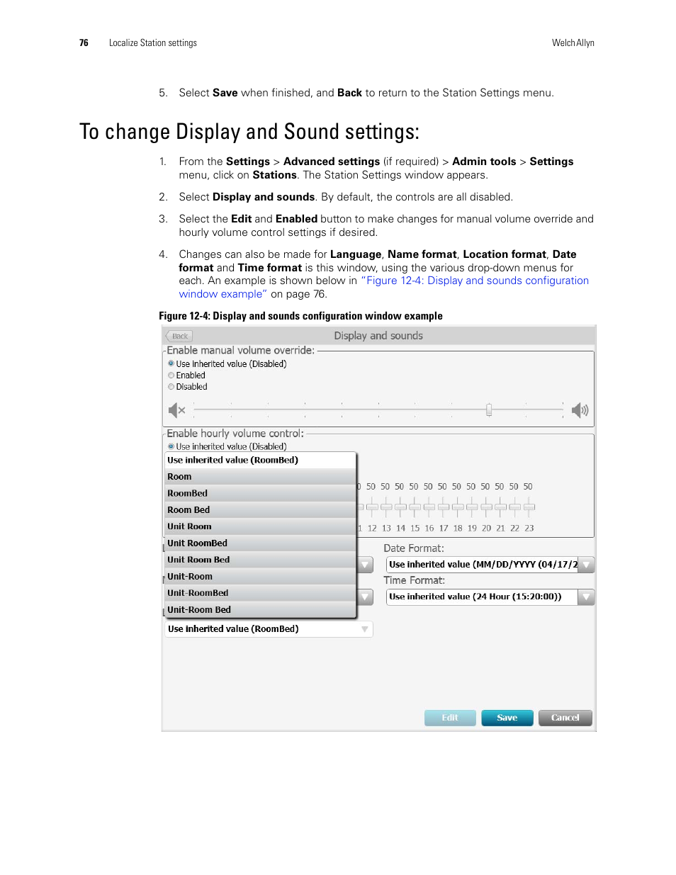 To change display and sound settings | Welch Allyn Connex CS Central Station & Server - User Manual User Manual | Page 82 / 170
