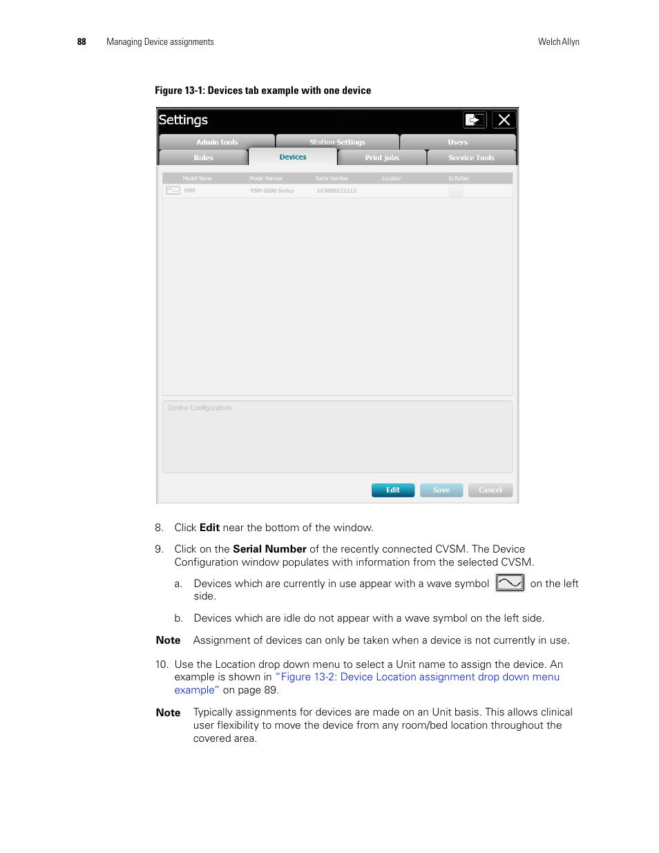 Figure 13-1: devices tab example with one device | Welch Allyn Connex CS Central Station & Server - User Manual User Manual | Page 94 / 170