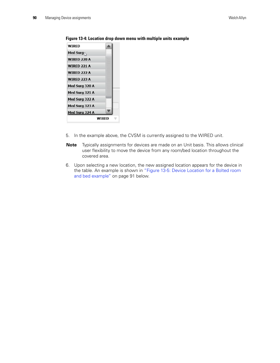 Figure 13-4: location drop down menu with multiple, Units example | Welch Allyn Connex CS Central Station & Server - User Manual User Manual | Page 96 / 170