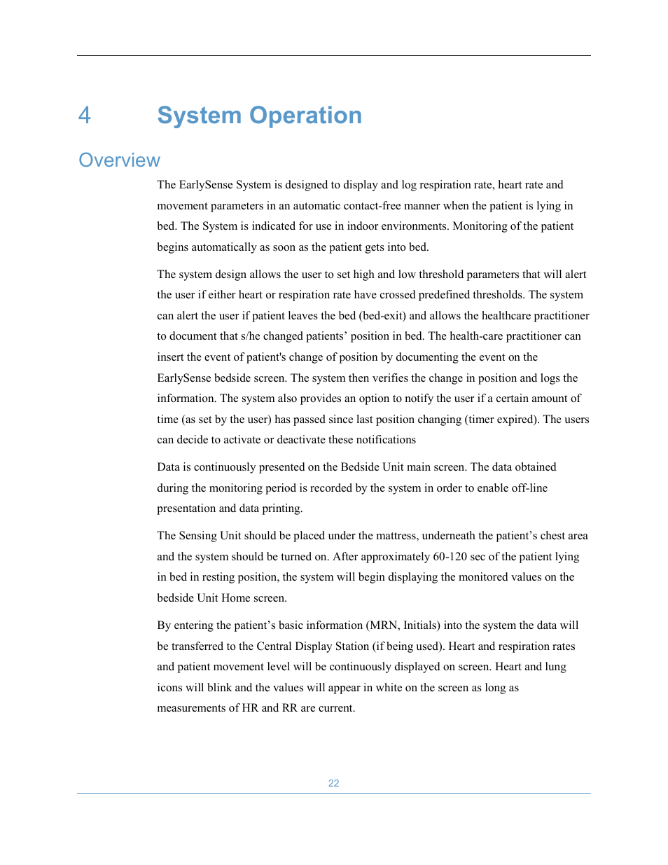 4system operation, Overview | Welch Allyn EarlySense System 1.0 - Equivalent to model EverOn 1.0 - User Manual User Manual | Page 28 / 73