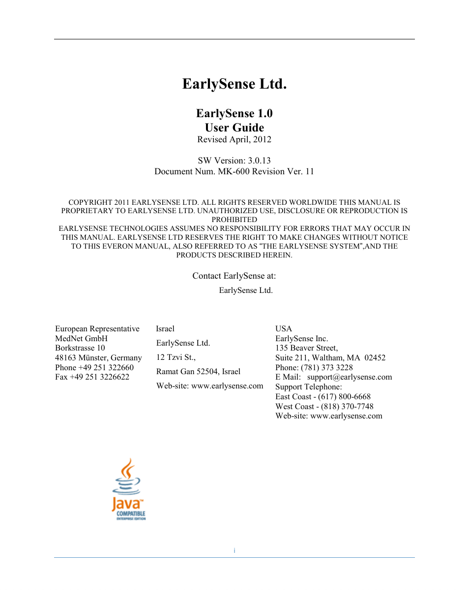 Earlysense ltd, Earlysense 1.0 user guide | Welch Allyn EarlySense System 1.0 - Equivalent to model EverOn 1.0 - User Manual User Manual | Page 3 / 73