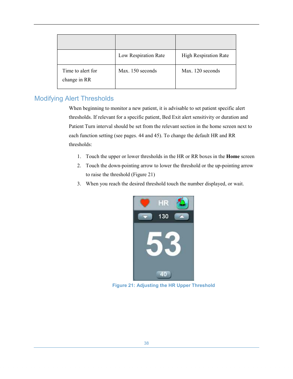 Modifying alert thresholds | Welch Allyn EarlySense System 1.0 - Equivalent to model EverOn 1.0 - User Manual User Manual | Page 44 / 73