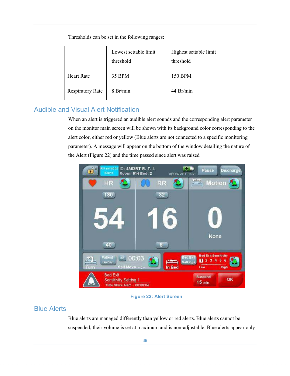 Audible and visual alert notification, Blue alerts | Welch Allyn EarlySense System 1.0 - Equivalent to model EverOn 1.0 - User Manual User Manual | Page 45 / 73