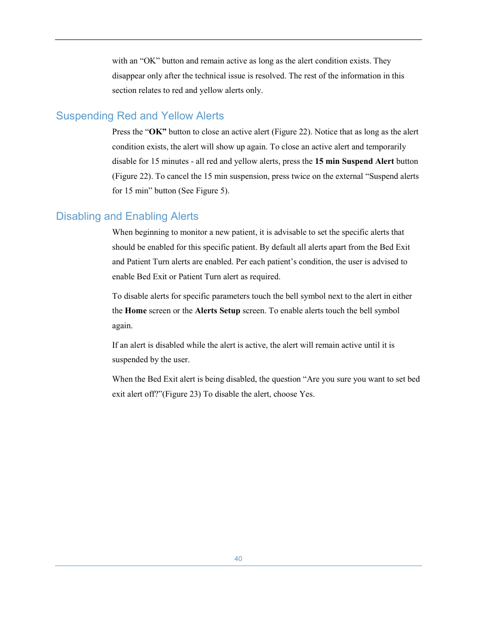 Suspending red and yellow alerts, Disabling and enabling alerts | Welch Allyn EarlySense System 1.0 - Equivalent to model EverOn 1.0 - User Manual User Manual | Page 46 / 73