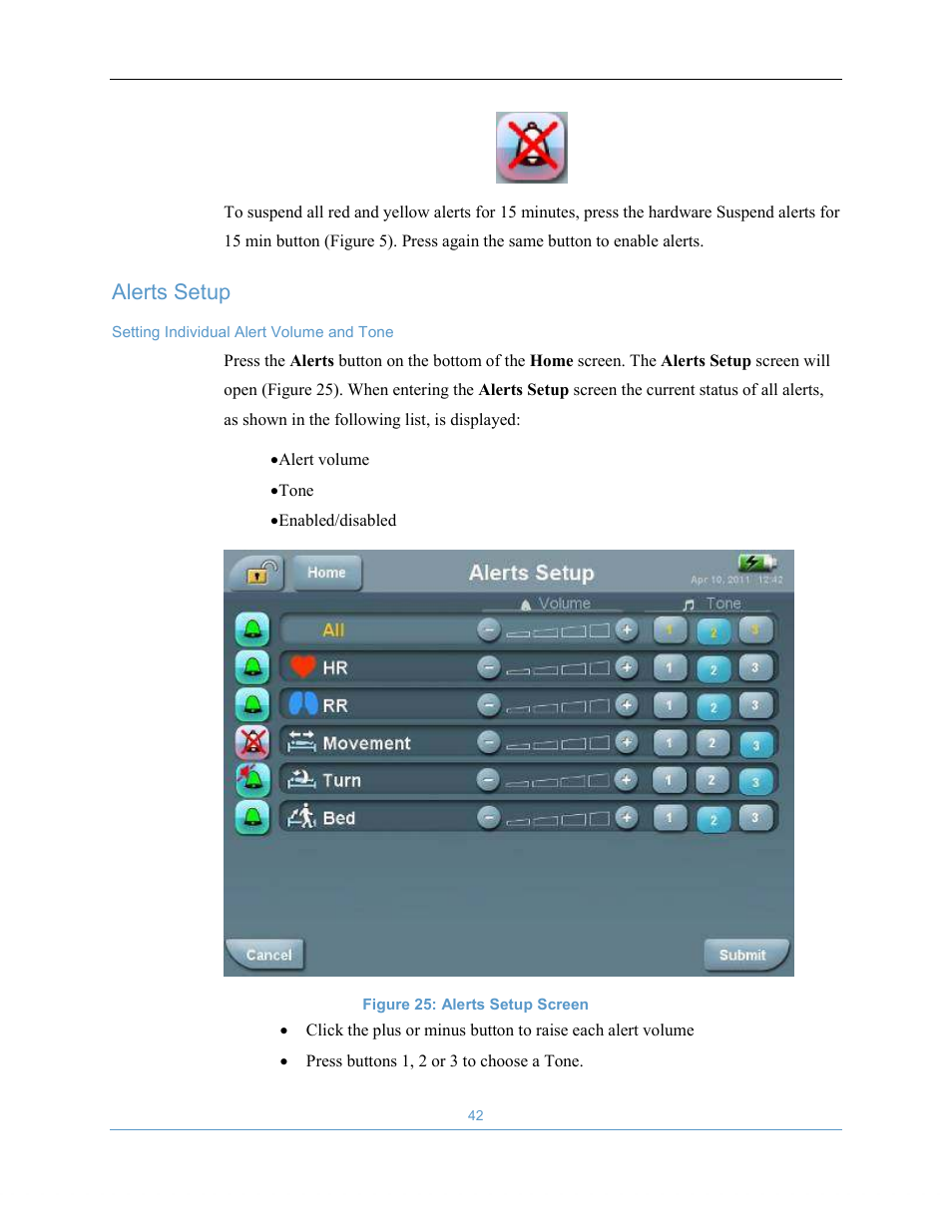 Alerts setup | Welch Allyn EarlySense System 1.0 - Equivalent to model EverOn 1.0 - User Manual User Manual | Page 48 / 73
