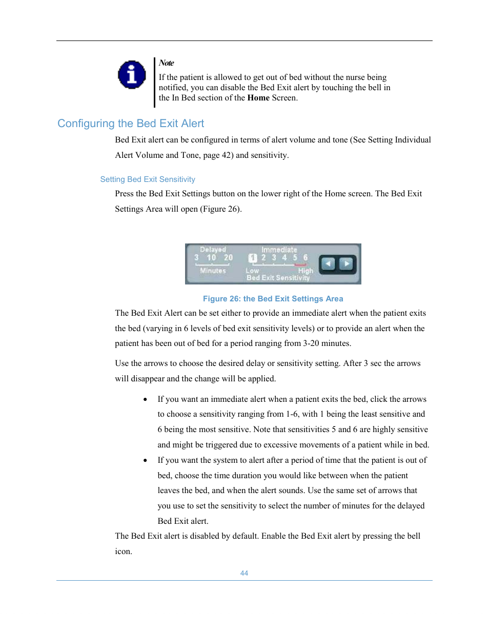 Configuring the bed exit alert | Welch Allyn EarlySense System 1.0 - Equivalent to model EverOn 1.0 - User Manual User Manual | Page 50 / 73