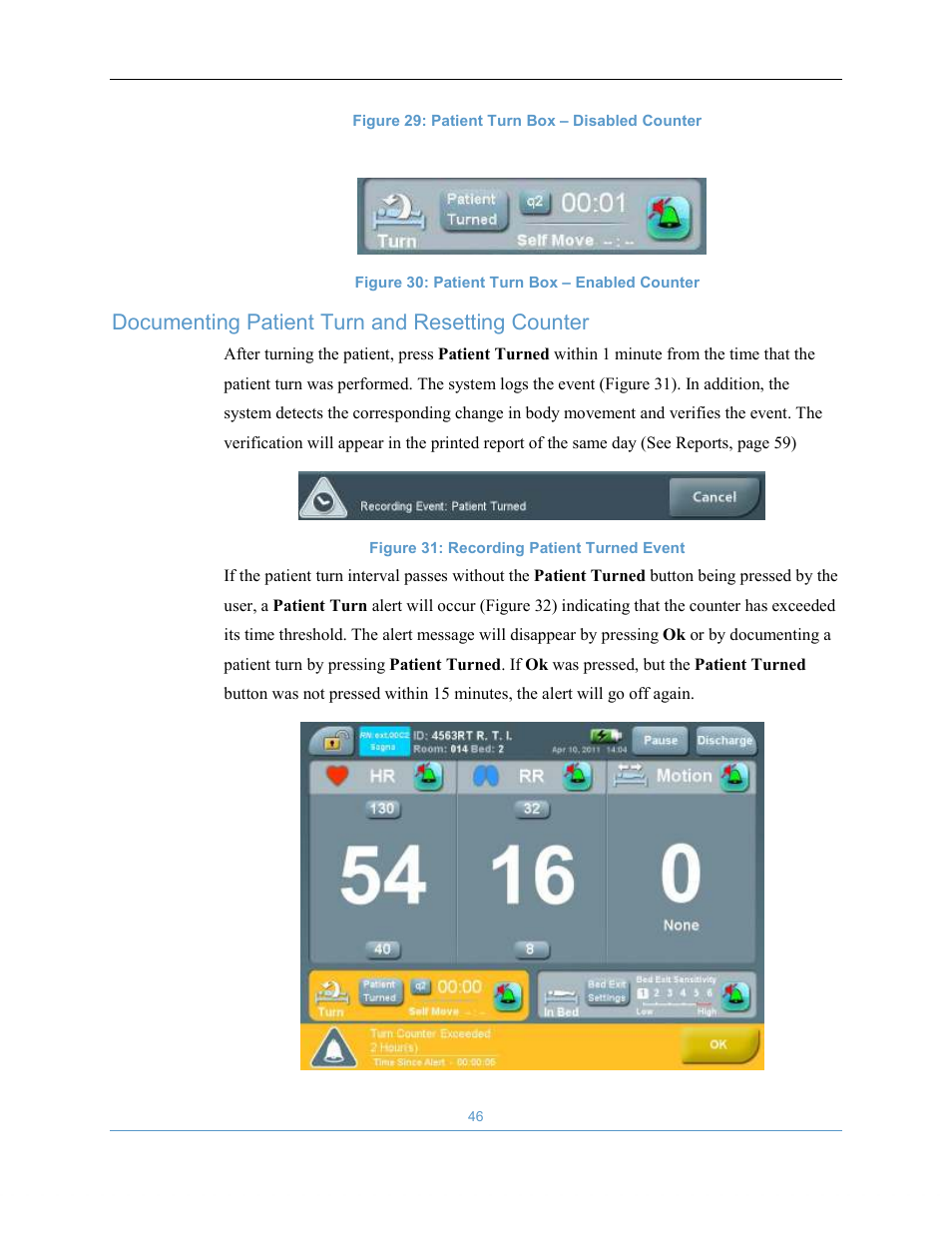 Documenting patient turn and resetting counter | Welch Allyn EarlySense System 1.0 - Equivalent to model EverOn 1.0 - User Manual User Manual | Page 52 / 73