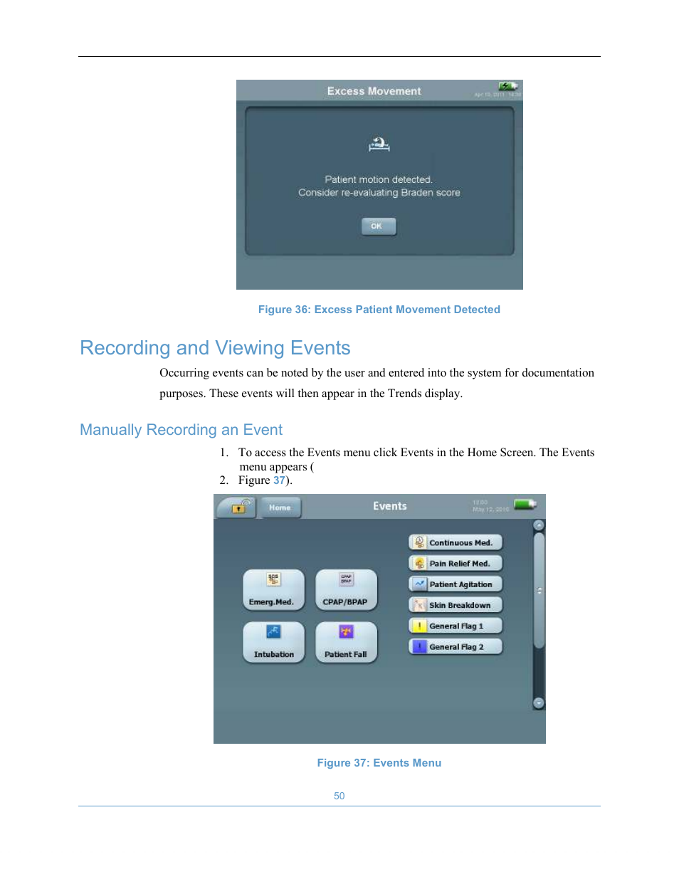 Recording and viewing events | Welch Allyn EarlySense System 1.0 - Equivalent to model EverOn 1.0 - User Manual User Manual | Page 56 / 73