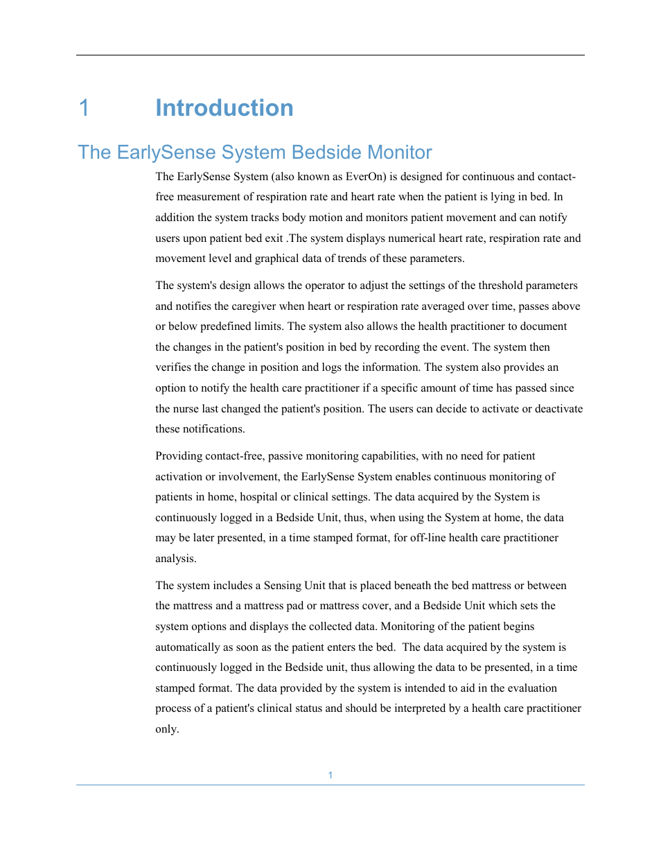 1introduction, The earlysense system bedside monitor | Welch Allyn EarlySense System 1.0 - Equivalent to model EverOn 1.0 - User Manual User Manual | Page 7 / 73