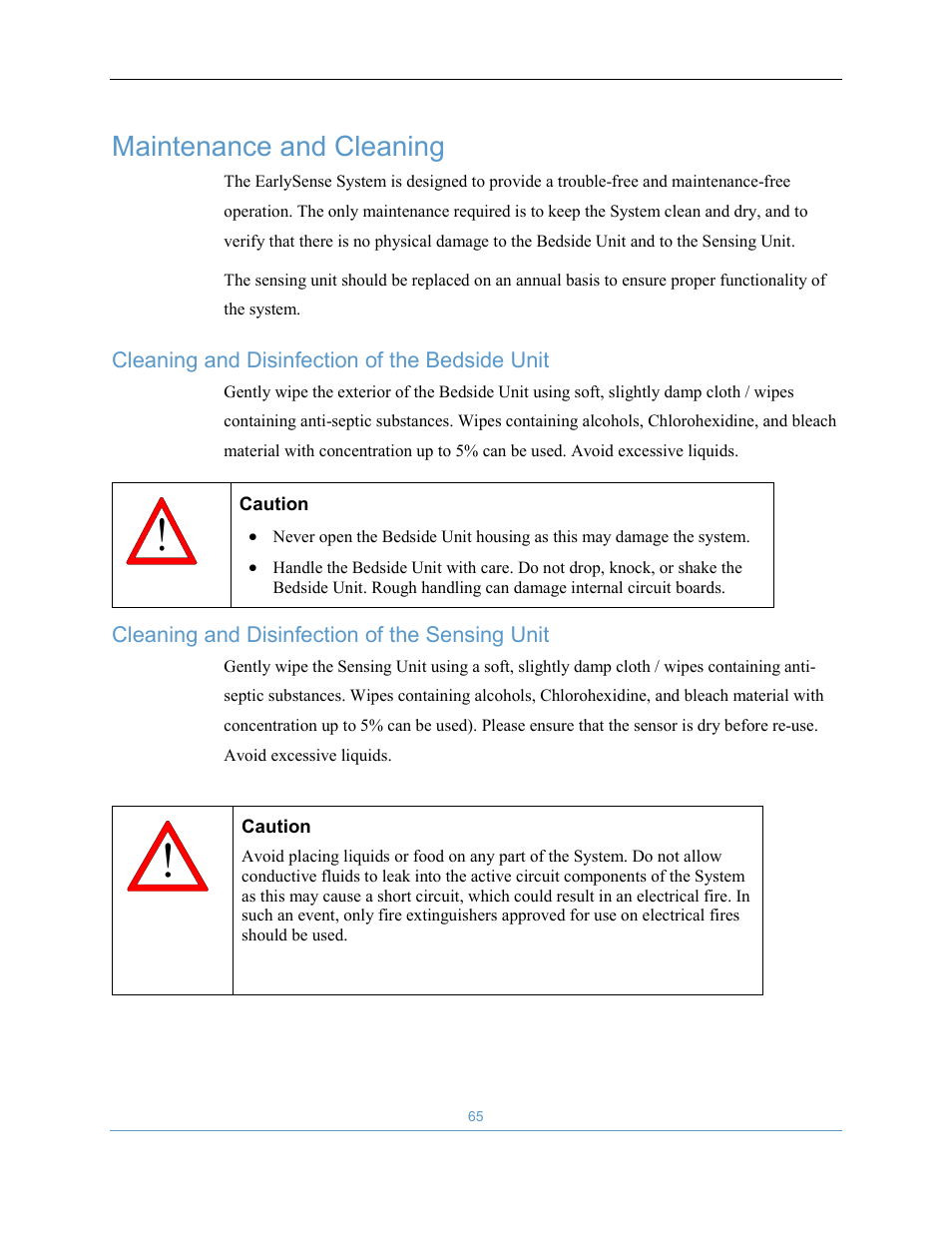Maintenance and cleaning | Welch Allyn EarlySense System 1.0 - Equivalent to model EverOn 1.0 - User Manual User Manual | Page 71 / 73