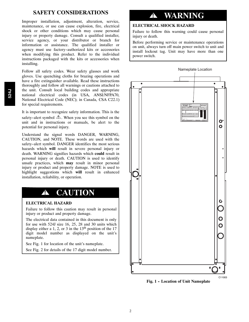 Caution, Warning, Safety considerations | Bryant Packaged Air Handling Units 542J User Manual | Page 2 / 4