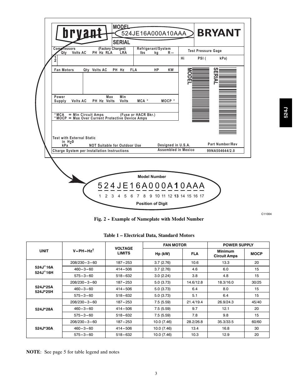 Bryant, Serial model | Bryant Packaged Air Handling Units 542J User Manual | Page 3 / 4