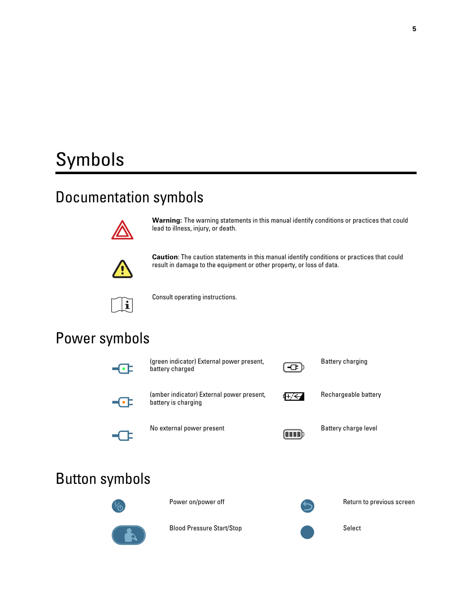 Symbols, Documentation symbols, Power symbols | Button symbols | Welch Allyn Connex ProBP 3400 digital blood pressure device - User Manual User Manual | Page 11 / 80