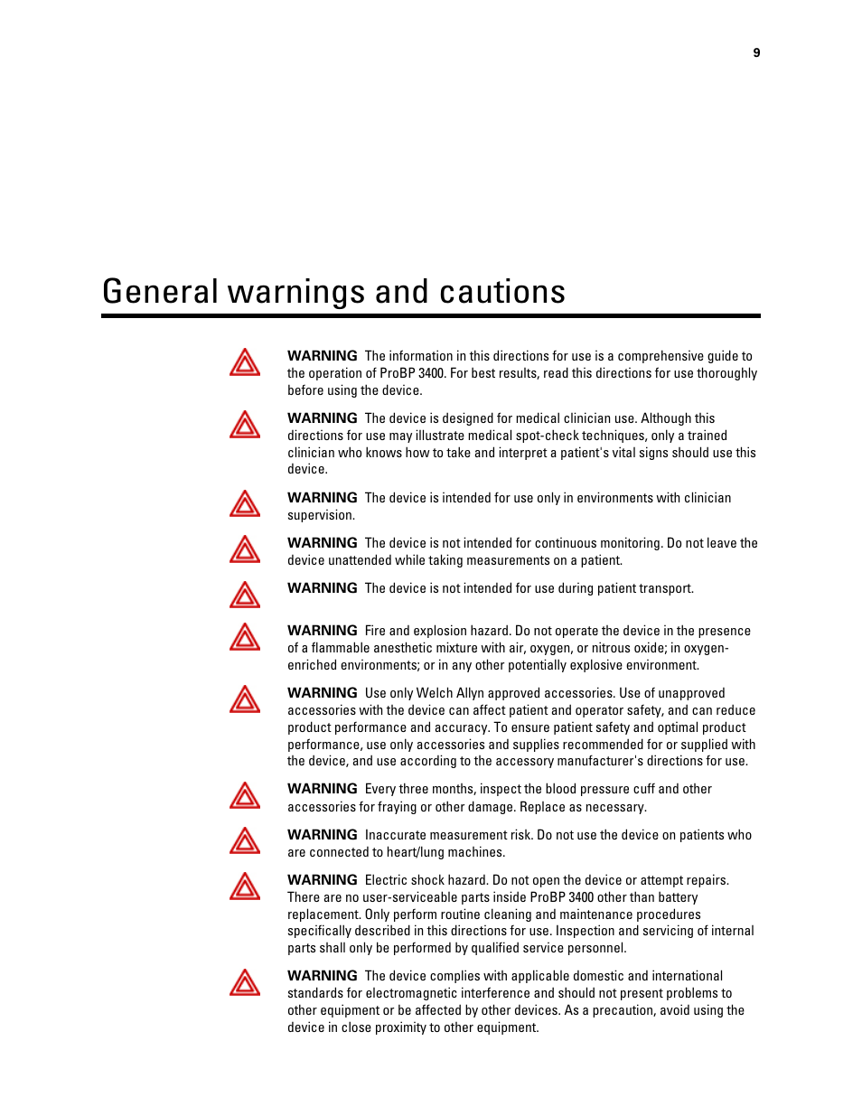 General warnings and cautions | Welch Allyn Connex ProBP 3400 digital blood pressure device - User Manual User Manual | Page 15 / 80