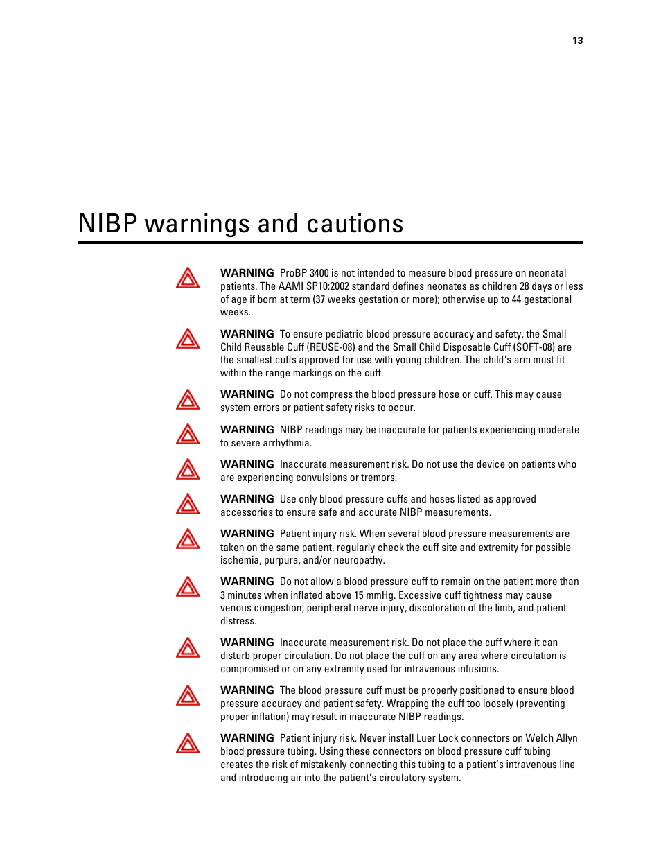 Nibp warnings and cautions | Welch Allyn Connex ProBP 3400 digital blood pressure device - User Manual User Manual | Page 19 / 80