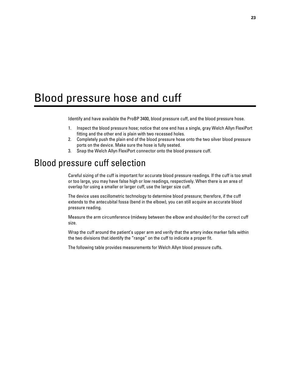 Blood pressure hose and cuff, Blood pressure cuff selection | Welch Allyn Connex ProBP 3400 digital blood pressure device - User Manual User Manual | Page 29 / 80