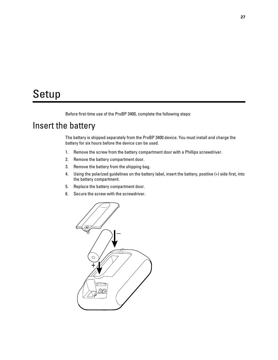 Setup, Insert the battery | Welch Allyn Connex ProBP 3400 digital blood pressure device - User Manual User Manual | Page 33 / 80