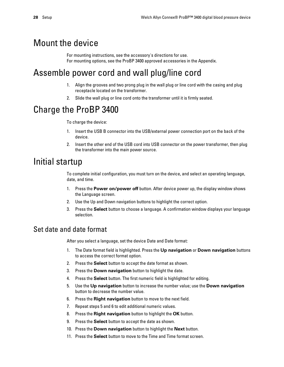 Mount the device, Assemble power cord and wall plug/line cord, Charge the probp 3400 | Initial startup, Set date and date format | Welch Allyn Connex ProBP 3400 digital blood pressure device - User Manual User Manual | Page 34 / 80